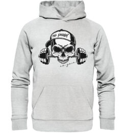 no pain no gain skull on fron of a grey premium hoodie grauer Hoodie mit einem Totenkopf und Hanteln auf der Brust